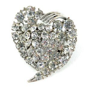 Vintage LISNER Brooch Heart Clear Rhinestones Silver Tone